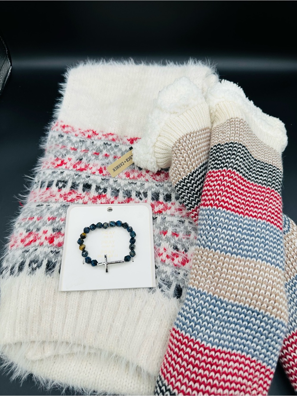 COCO + CARMEN 3-Pc Winter Gift Set Fuzzy Scarf Warm Socks Cross Bracelet NWT